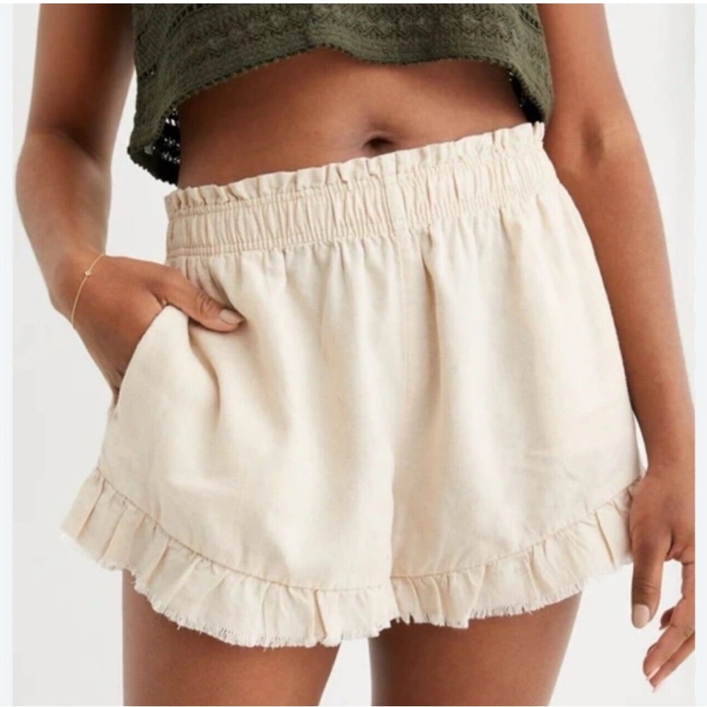 Aerie Women's Cream Ruffle Hem Linen Blend Shorts - XL